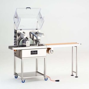 Chocolate-enrober-with-tempering-and-220mm-wide-enrobing-belt-on-mobile-trolley-with-1m-take-off-table