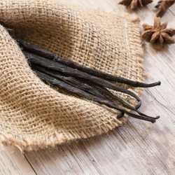 Vanilla Beans in a hessian bag on a table
