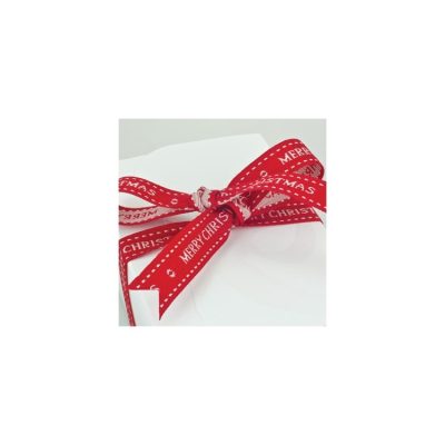 Merry Christmas Ribbon; Cream on red 15m reel