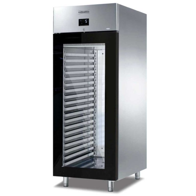 Tall silver chocolate fridge with glass door - chocolate business essential equipment