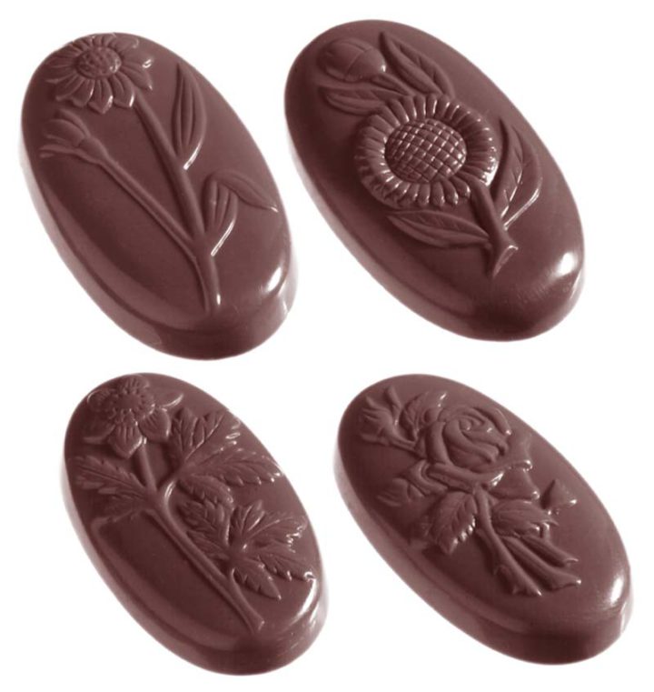 Chocolate World Frame Moulds - CW1188 - Flower Caraque Oval 5 Fig. - 10gm - 53x30x9mm