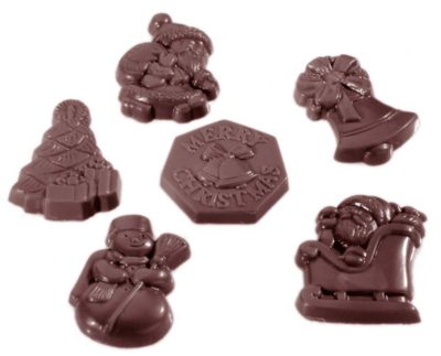 Chocolate World Frame Moulds - CW1406 - Caraque Christmas Garnish 6 Fig. - 6gm - 43x32x7mm