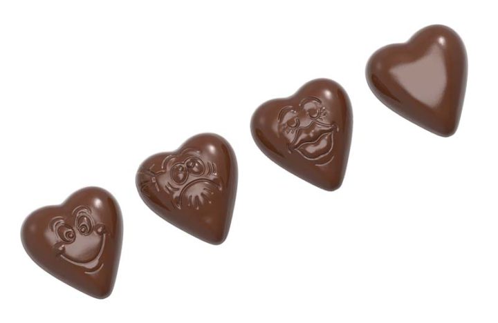 Chocolate World Frame Moulds - CW1579 - Heart Smiley 3 Fig. - 7gm - 33x33x10mm