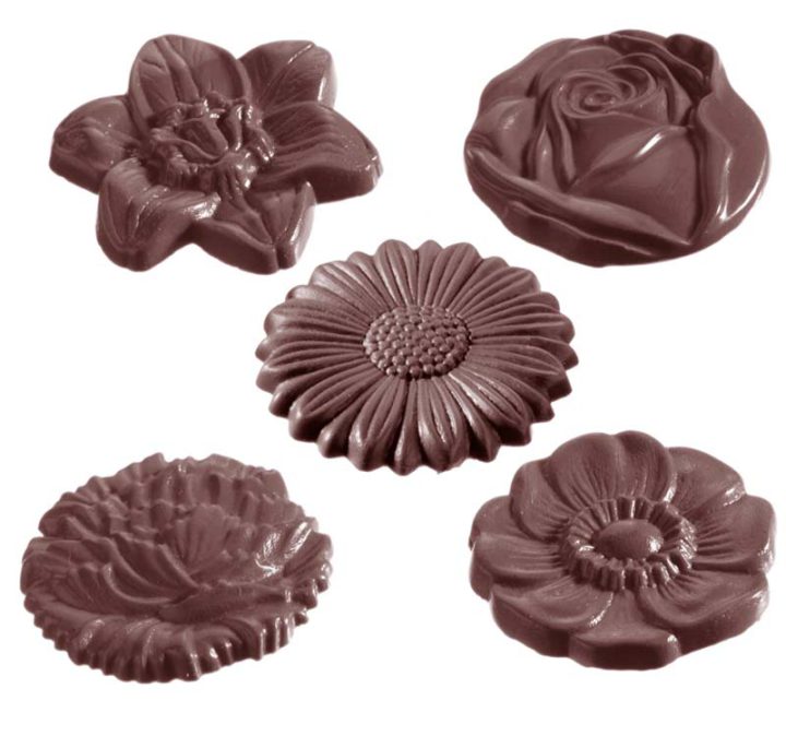 Chocolate World Frame Moulds - CW2140 - Flower Caraque Round 5 Fig. - 6gm - 43x43x5mm