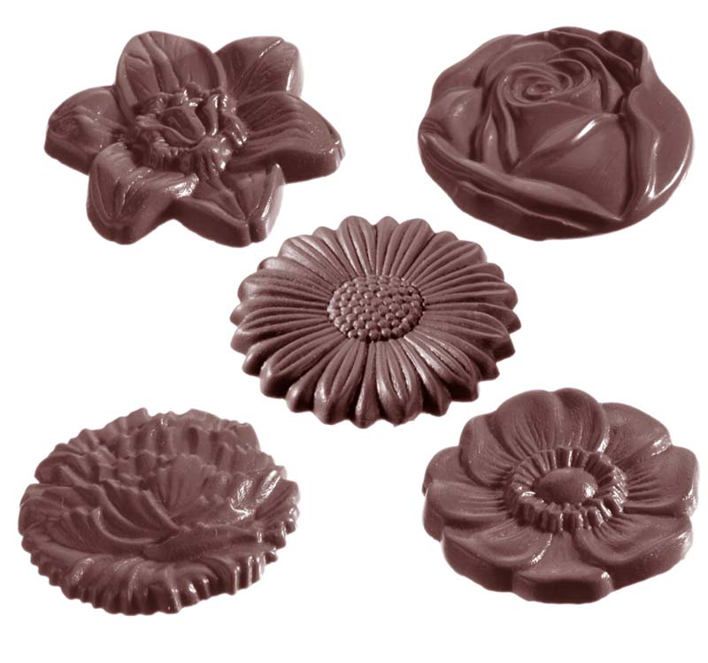 Chocolate World Frame Moulds - CW2140 - Flower Caraque Round 5 Fig. - 6gm - 43x43x5mm
