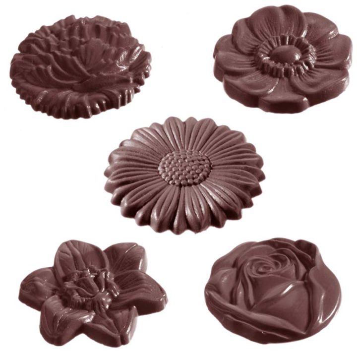Chocolate World Frame Moulds - CW2224 - Flower Caraque Round 5 Fig. - 10gm - 45x45x7mm