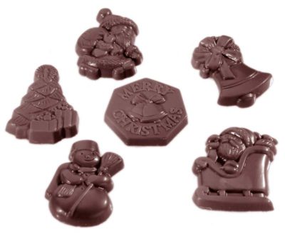 Chocolate World Frame Moulds - CW2260 - Caraque Christmas Garnish 6 Fig. - 6gm - 43x32x7mm