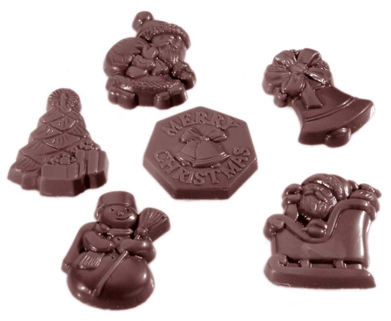 Chocolate World Frame Moulds - CW2260 - Caraque Christmas Garnish 6 Fig. - 6gm - 43x32x7mm