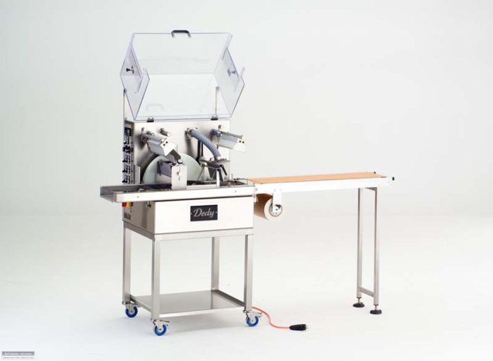 Chocolate enrober with tempering and 220mm wide enrobing belt on mobile trolley with 1m take off table