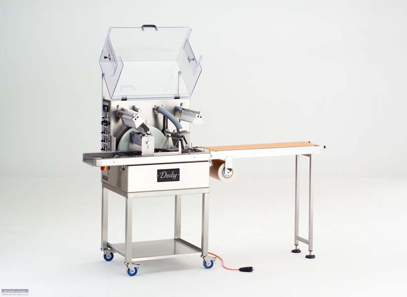 Chocolate enrober with tempering and 220mm wide enrobing belt on mobile trolley with 1m take off table