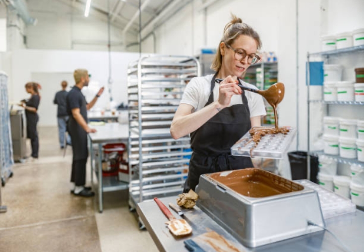 A woman pouring chocolate into moulds